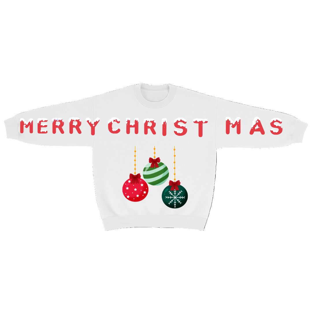 White sweatshirt with 'MERRY CHRISTMAS' text and Christmas ball decorations on a white background