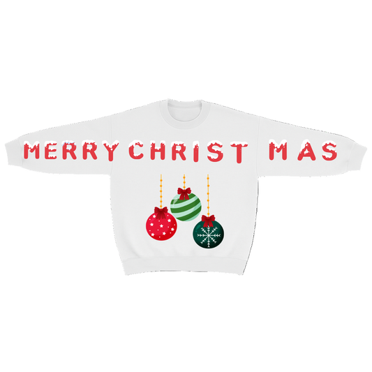 White sweatshirt with 'MERRY CHRISTMAS' text and Christmas ball decorations on a white background